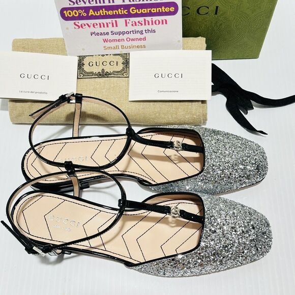NIB Gucci Ballet Flat EU 38 US 8 Double G T-Strap Silver Glitter Shoes $920 - Picture 8 of 12